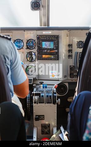 Interior view of the cockpit and controls of a Cessna light aircraft operated by Mack Air out of Maun Airport, Botswana, southern Africa Stock Photo