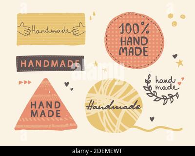 Handmade lettering label tag set. Vector hand drawing flat sticker. Perfect for cartoon style design or your product. Calligraphy handwritten text for Stock Vector