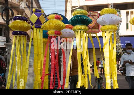 Goa/ India 09 November 2020 Bright colorful lanterns  hanging for sale in diwali Festival which are used to decorate home ahead of Diwali at a Mapusa Stock Photo