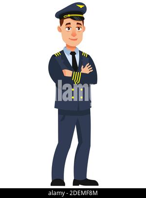 Airplane pilot with his arms crossed. Male character in cartoon style. Stock Vector