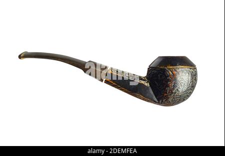 Isolated photo of antique decorated wooden smoking pipe side view on white background. Stock Photo