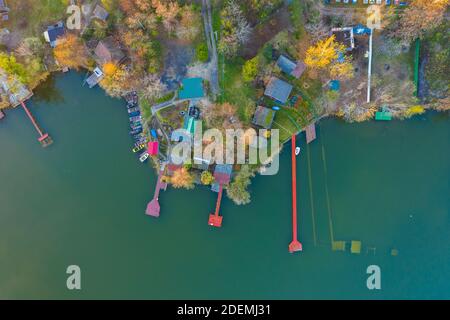 Szigetszentmiklós, Hungary - Aerial drone view of a tiny fishing island on Lake Kavicsos (Kavicsos to) near Budapest. Stock Photo