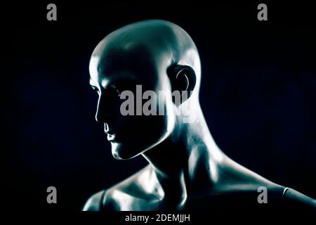 Scary mannequin head in the dark Stock Photo