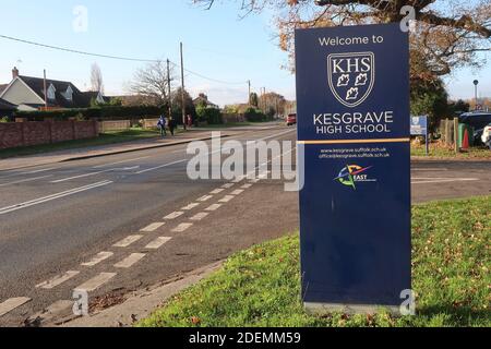 Kesgave, Suffolk, UK - 1 December 2020: Welcome to KHS sign at the entrance to Kesgrave High School. Stock Photo