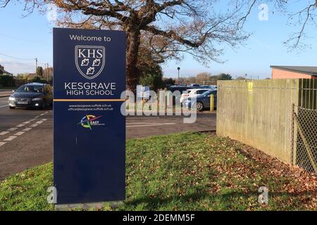 Kesgave, Suffolk, UK - 1 December 2020: Welcome to KHS sign at the entrance to Kesgrave High School. Stock Photo