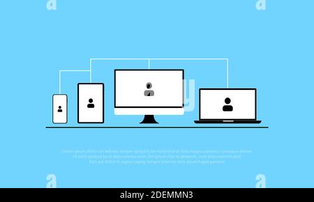 Cross platform software. Synchronized devices, browser sync. Cross-device syncing, cross-device tracking, cross-browser Stock Vector