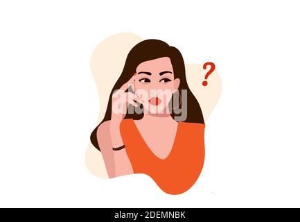 Thinking girl. Beautiful face, with question mark Stock Vector
