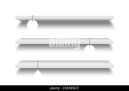 Shop shelves. Isolated retail presentation racks. supermarket 3d shelf with wobblers. Promotional stand and sale or discount vector blanks mockups. Stock Vector