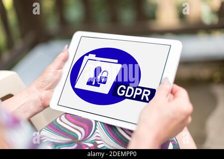 Gdpr concept shown on a tablet held by a woman Stock Photo