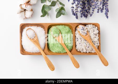 sea salt with wooden spoons and herbs Stock Photo