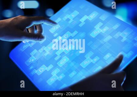 Applications icons on virtual screen, technology, development background concept Stock Photo