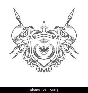 Sumptuous coat of arms, embossed heraldic shield, medieval royal emblem, ancestral symbol, engraved style imperial sign, vector Stock Vector