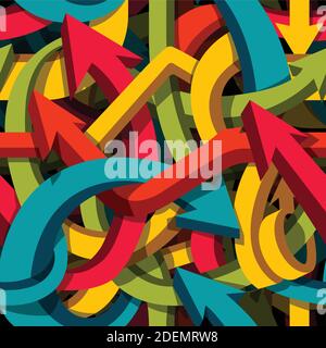 Abstract seamless arrows background, motley 3d arrows, confusion or puzzle concept, vector pattern Stock Vector