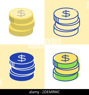 Stack of coins icon set in flat and line style. Money symbol isolated. Bank currency emblem. Vector illustration. Stock Vector