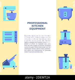 Professional kitchen equipment banner template in flat style with place for text. Commercial cooking appliances symbols. Vector illustration. Stock Vector