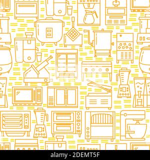 Kitchen equipment seamless pattern in line style. Repeating background with restaurant or cafe appliances symbols. Vector illustration. Stock Vector