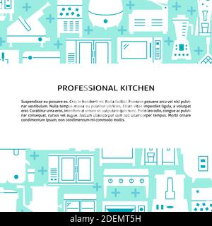 Professional kitchen equipment concept background in flat style. Restaurant or cafe appliances poster template with place for text. Vector illustratio Stock Vector