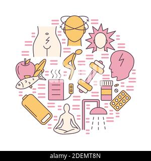 Menstruation round concept banner in line style. Menstrual pain symptoms and treatment symbols set. Medical vector illustration. Stock Vector