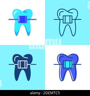 Dental braces icon set in flat and line style. Orthodontics equipment for teeth alignment symbol. Stomatology vector illustration. Stock Vector