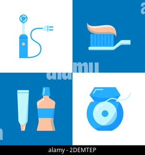 Teeth hygiene icon set in flat style. Toothbrush, toothpaste and dental floss symbols. Stomatology vector illustration. Stock Vector