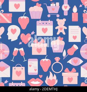 Valentines day seamless pattern with icons in flat style. Love symbols repeating background. Vector illustration. Stock Vector