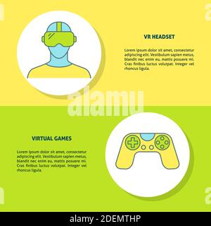 Virtual reality games concept banners in line style with place for text. Flyer templates with VR headset and game controller symbols. Vector illustrat Stock Vector