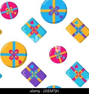 Seamless pattern with gift boxes in flat style. Bright repeating texture with present symbols. Holiday vector illustration. Stock Vector