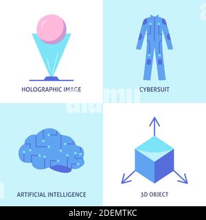 Virtual reality icon set in flat style. Modern technology symbols collection including holografic image, 3d modeling, artificial intelligence and cybe Stock Vector