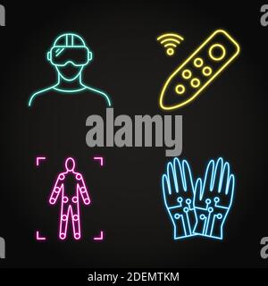 Virtual reality concept icon set in neon line style. Modern computer technologies symbols including VR headset, wired gloves, remote controller. Vecto Stock Vector