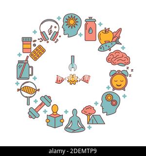 Biohacking round concept banner with icons in colored line style. Health improvement theme poster. Vector illustration. Stock Vector