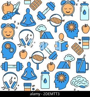 Biohacking seamless pattern in colored line style. Health improvement concept repeating background. Vector illustration. Stock Vector