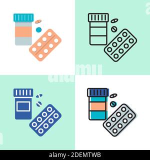 Pills bottle and blister icon set in flat and line style. Medical tablets symbol. Vector illustration. Stock Vector