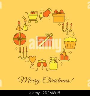 Merry Christmas round concept banner in colored line style. Yellow poster with celebration symbols including candles and gift boxes. Vector illustrati Stock Vector
