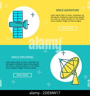 Science theme flyer templates in line style with place for text. Space exploration symbols. Vector illustration. Stock Vector