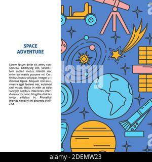 Space elements banner template in line style with place for text. Spaceship, planets and other symbols on blue background. Vector illustration. Stock Vector