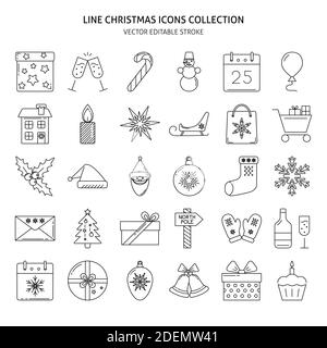 Set of Christmas icons in line style. 30 Christmas and New Year graphic symbols with editable stroke. Vector illustration. Stock Vector