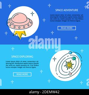 Space theme flyer templates in line style with place for text. Vector illustration. Stock Vector