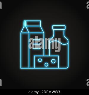Dairy products icon in glowing neon style. Yogurt package, milk bottle and cheese slice symbols. Vector illustration. Stock Vector