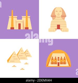 Egyptian historical monuments icon set in flat style. Great famous architecture symbols of Egypt - pyramids, Karnak temple, Abu Simbel and Sphinx. Vec Stock Vector