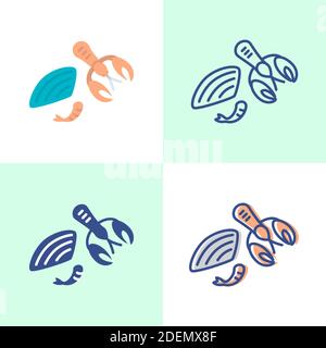 Shellfish icon set in flat and line style. Seafood symbols - shell, crayfish and shrimp. Vector illustration. Stock Vector