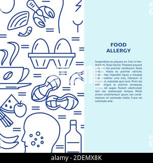 Food allergy banner template in line style with place for text. Background with allergy symptoms and products symbols. Vector illustration. Stock Vector