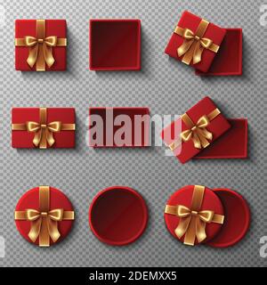 3d realistic vector icon collection of presents in square shape, round and rectangular red box with a golden ribbon bow in top view. Open package mock Stock Vector