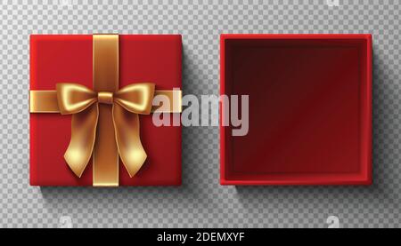 3d realistic vector icon of present square red box with a golden ribbon bow in top view. Open package mockup, design template with cover top. Stock Vector
