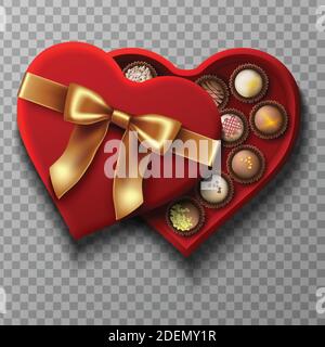 3d realistic vector red velvet candy open box with golden bow in heart shape with collection of different chocolate candies in dark and white chocolat Stock Vector