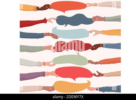 Agreement or affair between a group of colleagues or collaborators.Diversity People who exchange information.Arms and hands holding speech bubble. Stock Vector