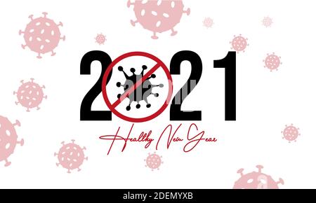 Healthy new year poster. Happy new year 2021 icon designed from the corona virus and syringe, the corona virus vaccine. Stock Vector