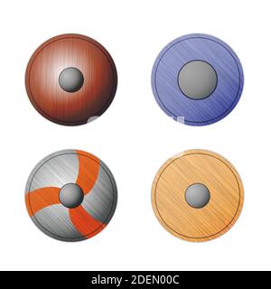 Set of medieval metal and wooden shields. Shields for web and mobile design. Vector illustration isolated on white background. Stock Vector