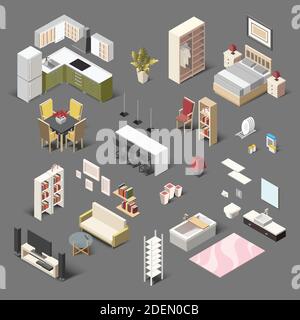 Big vector isometric low poly collection of house domestic furniture for living room, bathroom, bedroom and kitchen. Stock Vector