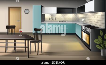 Vector illustration of modern realistic kitchen interior with utensils, oven with light, cabinets, shelves with bar stools and bar table. Stock Vector