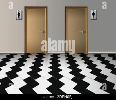 Vector realistic interior of public toilet of female and man entrance with wooden doors and with corridor tilled floor Stock Vector